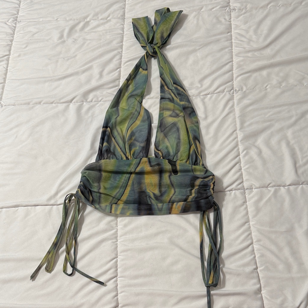 12th Tribe Stevie Multigreen Mesh Halter Top
